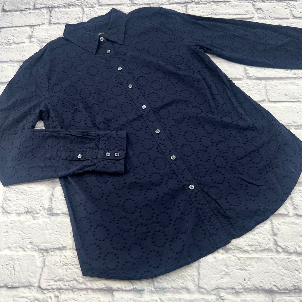 Talbots Womens Navy Blue Textured Clip Dot Long Sleeve Button Down Blouse Size M
